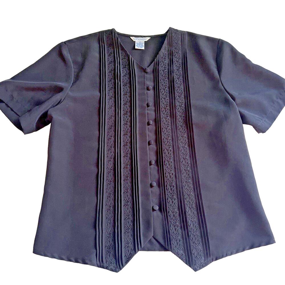 Vintage Black Womens 10 Button Up Blouse Embroidery SHIP N SHORE Shirt